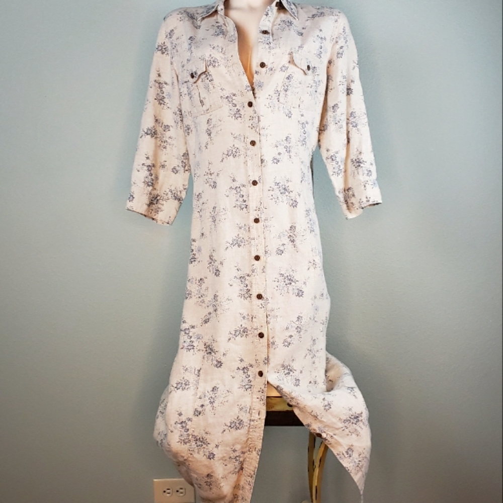 Eddie Bauer Linen Blue Floral Shirt Dress